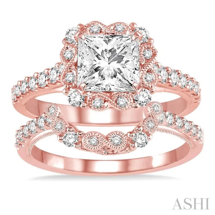 1 1/10 Ctw Diamond Wedding Set with 7/8 Ctw Princess Cut Engagement Ring and 1/4 Ctw Wedding Band in 14K Rose Gold