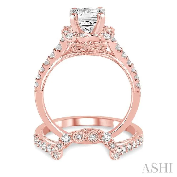 1 1/10 Ctw Diamond Wedding Set with 7/8 Ctw Princess Cut Engagement Ring and 1/4 Ctw Wedding Band in 14K Rose Gold