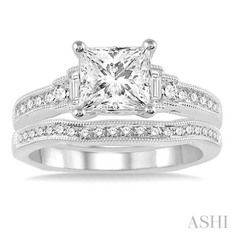 1 1/10 Ctw Diamond Wedding Set with 7/8 Ctw Princess Cut Engagement Ring and 1/5 Ctw Wedding Band in 14K White Gold