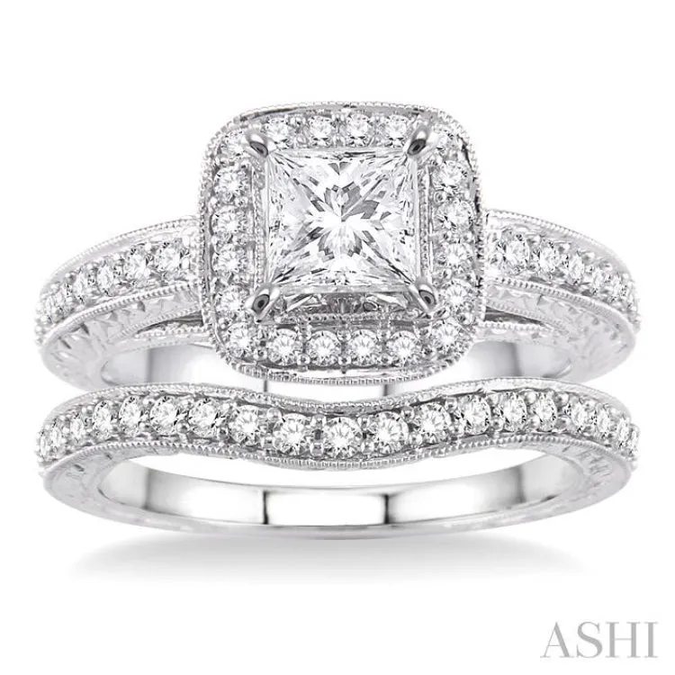 1 1/3 Ctw Diamond Wedding Set with 1 1/10 Ctw Princess Cut Engagement Ring and 1/4 Ctw Wedding Band in 14K White Gold