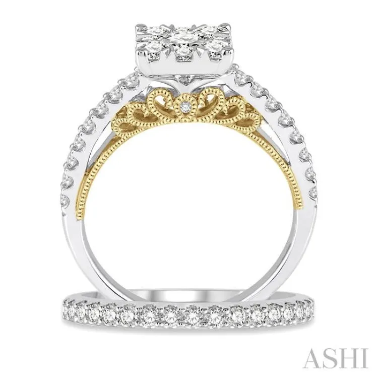 1 1/3 ctw Lovebright Diamond Wedding Set With 1 ctw Cushion Shape Engagement Ring and 1/3 ctw Wedding Band in 14K White and Yellow Gold