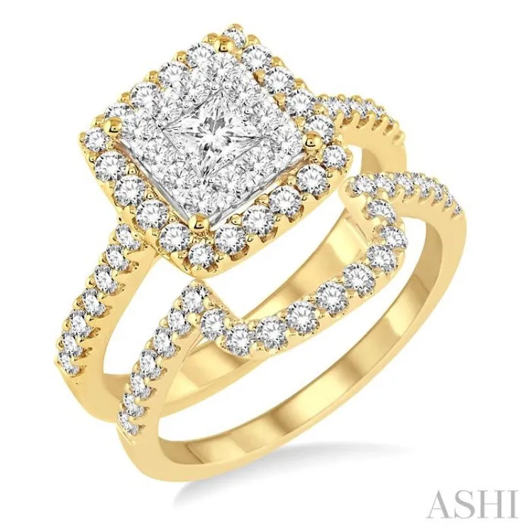 1 1/3 Ctw Square Shape Diamond Lovebright Wedding Set with 1 Ctw Engagement Ring and 1/3 Ctw Wedding Band in 14K Yellow and White Gold