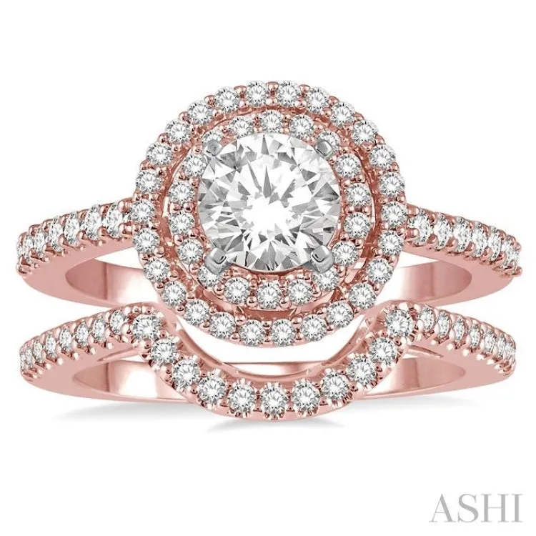 1 1/5 Ctw Diamond Wedding Set in 14K With 1 Ctw Round Shape Engagement Ring in Rose and White Gold and 1/5 Ctw U-Shape Wedding Band in Rose Gold