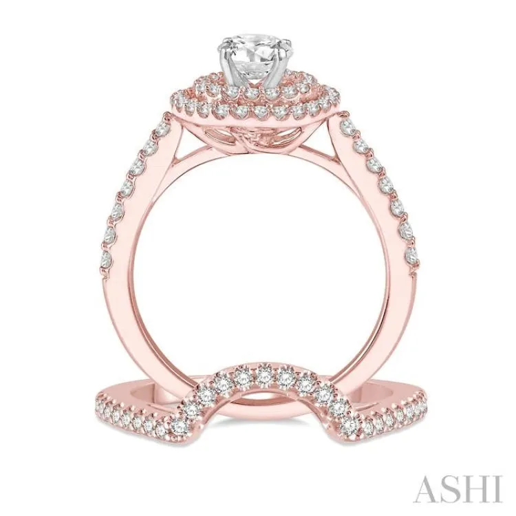 1 1/5 Ctw Diamond Wedding Set in 14K With 1 Ctw Round Shape Engagement Ring in Rose and White Gold and 1/5 Ctw U-Shape Wedding Band in Rose Gold