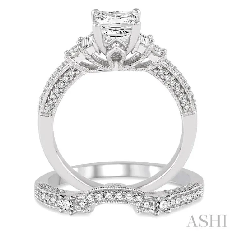 1 1/6 Ctw Diamond Wedding Set with 7/8 Ctw Princess Cut Engagement Ring and 1/4 Ctw Wedding Band in 14K White Gold