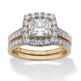 10K Yellow Gold Princess Cut and Round Cubic Zirconia 2 Piece Halo Bridal Ring Set