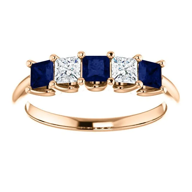 14KT GOLD 0.60 CTW SAPPHIRE & 0.33 CTW DIAMOND SQUARE 5 STONE BAND