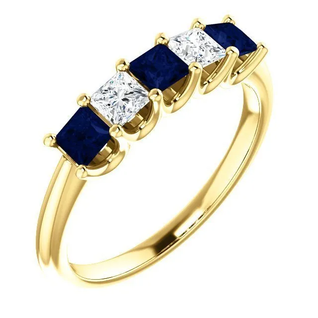 14KT GOLD 0.60 CTW SAPPHIRE & 0.33 CTW DIAMOND SQUARE 5 STONE BAND