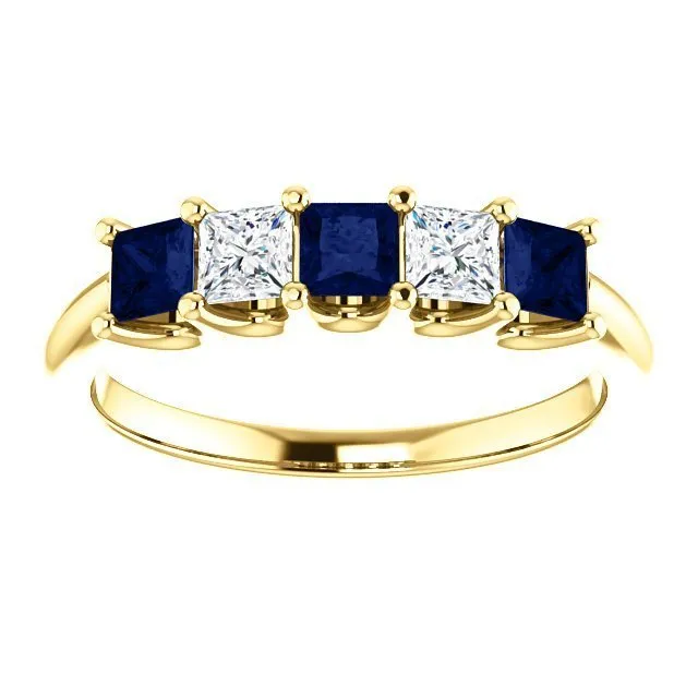 14KT GOLD 0.60 CTW SAPPHIRE & 0.33 CTW DIAMOND SQUARE 5 STONE BAND