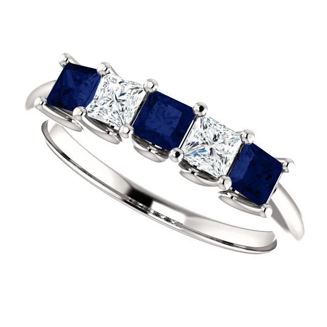 14KT GOLD 0.60 CTW SAPPHIRE & 0.33 CTW DIAMOND SQUARE 5 STONE BAND