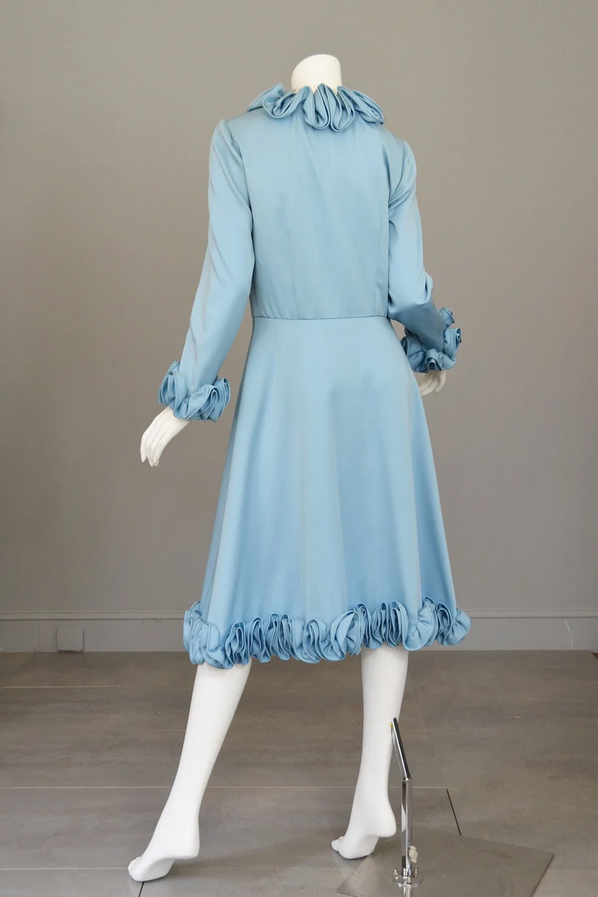 1960s 60s Mod Blue Ruffle A-Line Vintage Dress