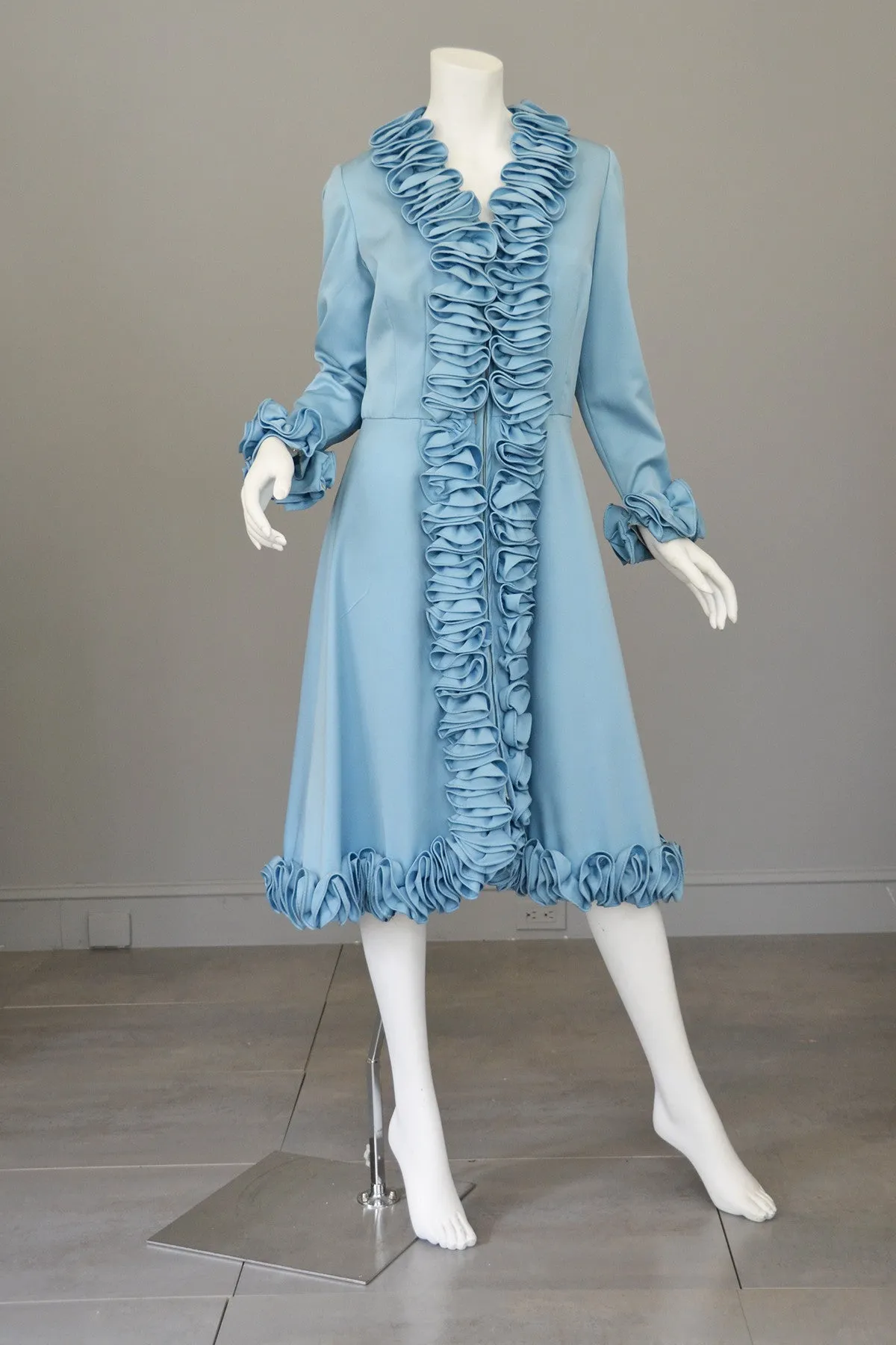 1960s 60s Mod Blue Ruffle A-Line Vintage Dress