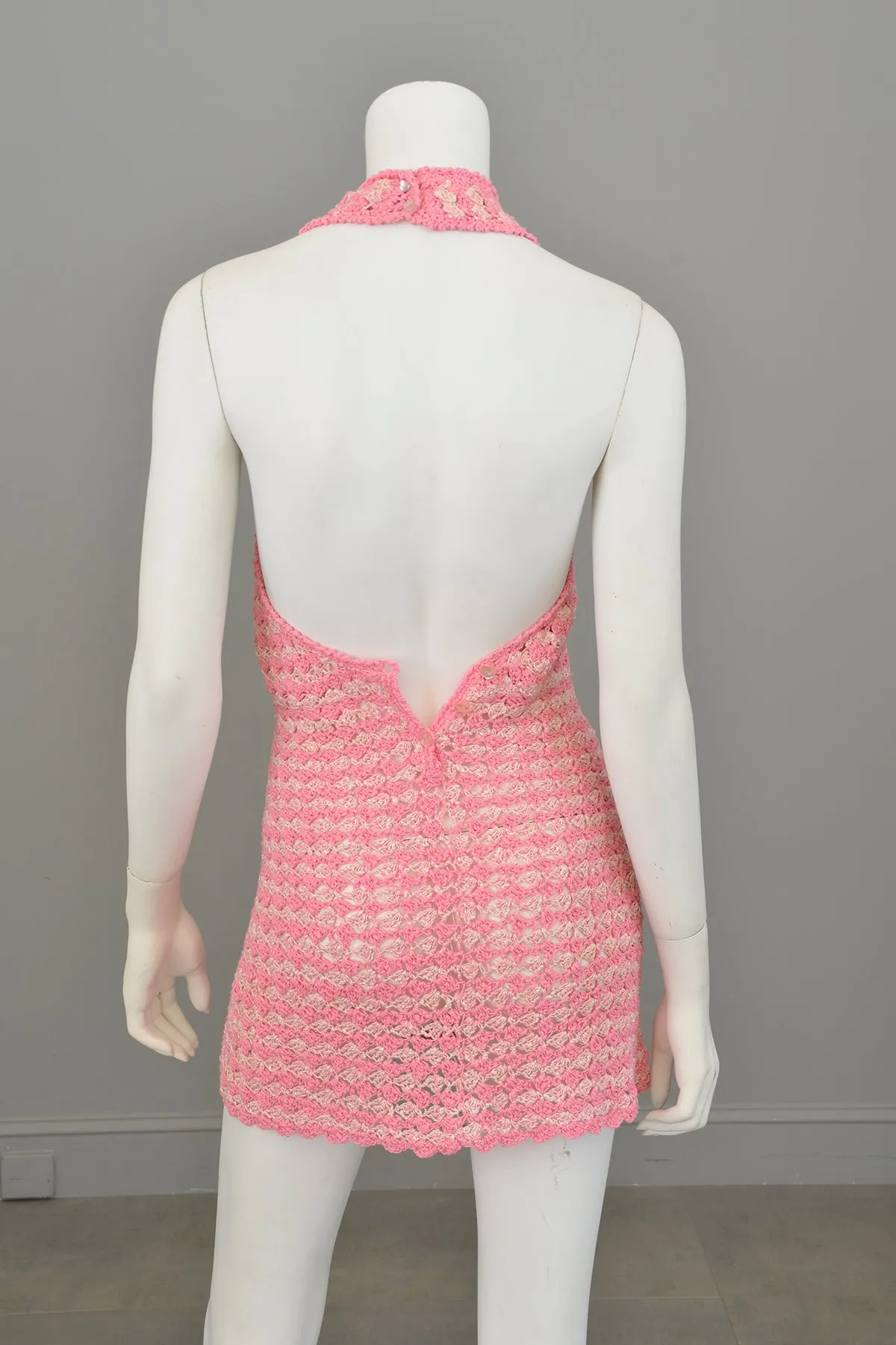 1960s Hand Crochet Halter Micro Mini Disco Dress | Go Go Dress | XXS