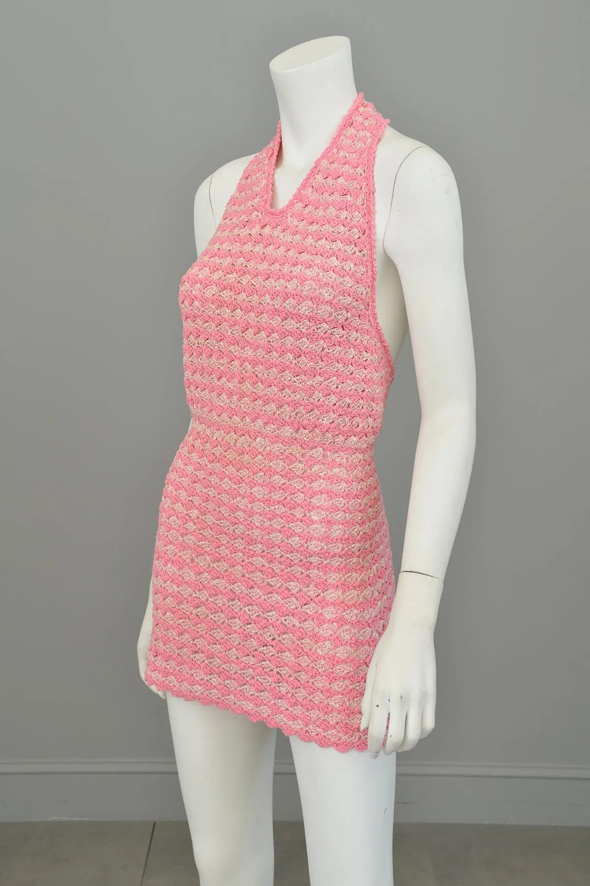 1960s Hand Crochet Halter Micro Mini Disco Dress | Go Go Dress | XXS