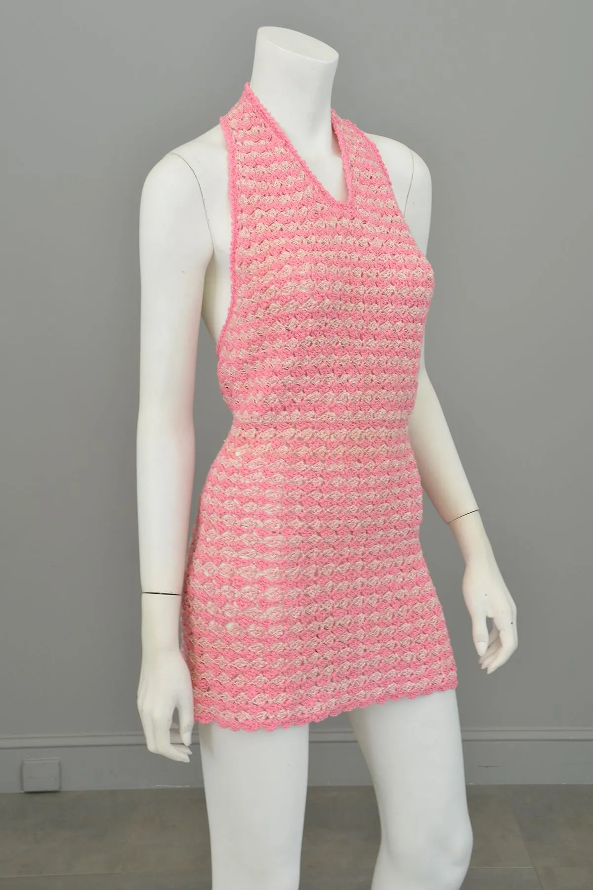 1960s Hand Crochet Halter Micro Mini Disco Dress | Go Go Dress | XXS