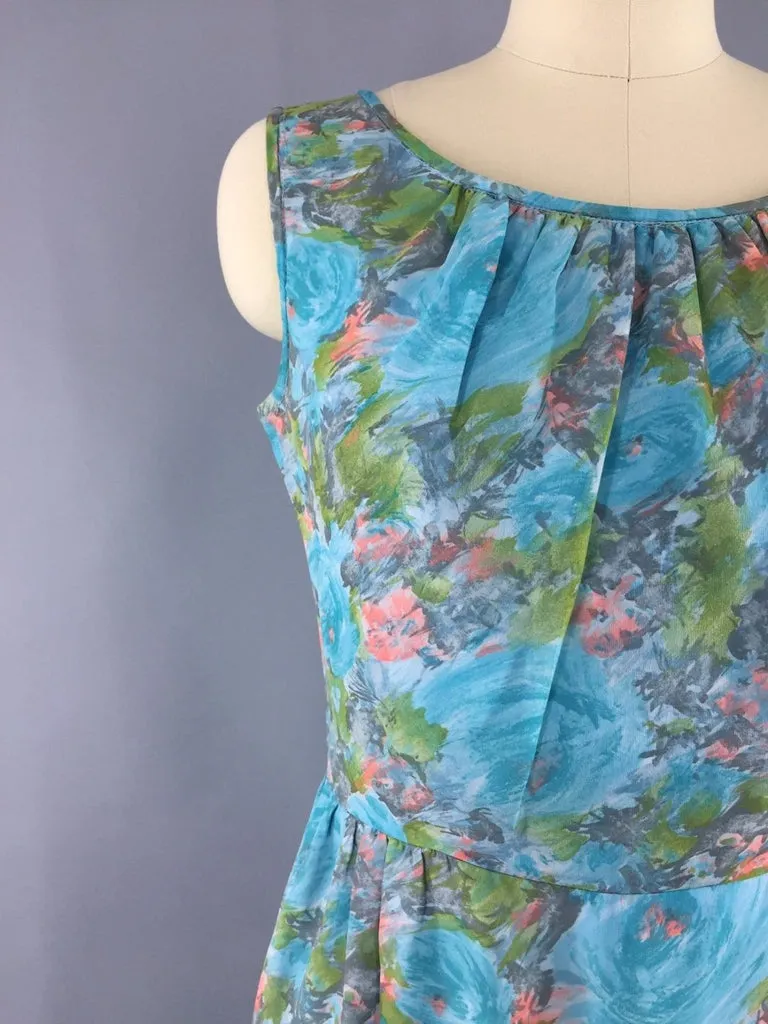 1960s Vintage Aqua Blue Chiffon Dress