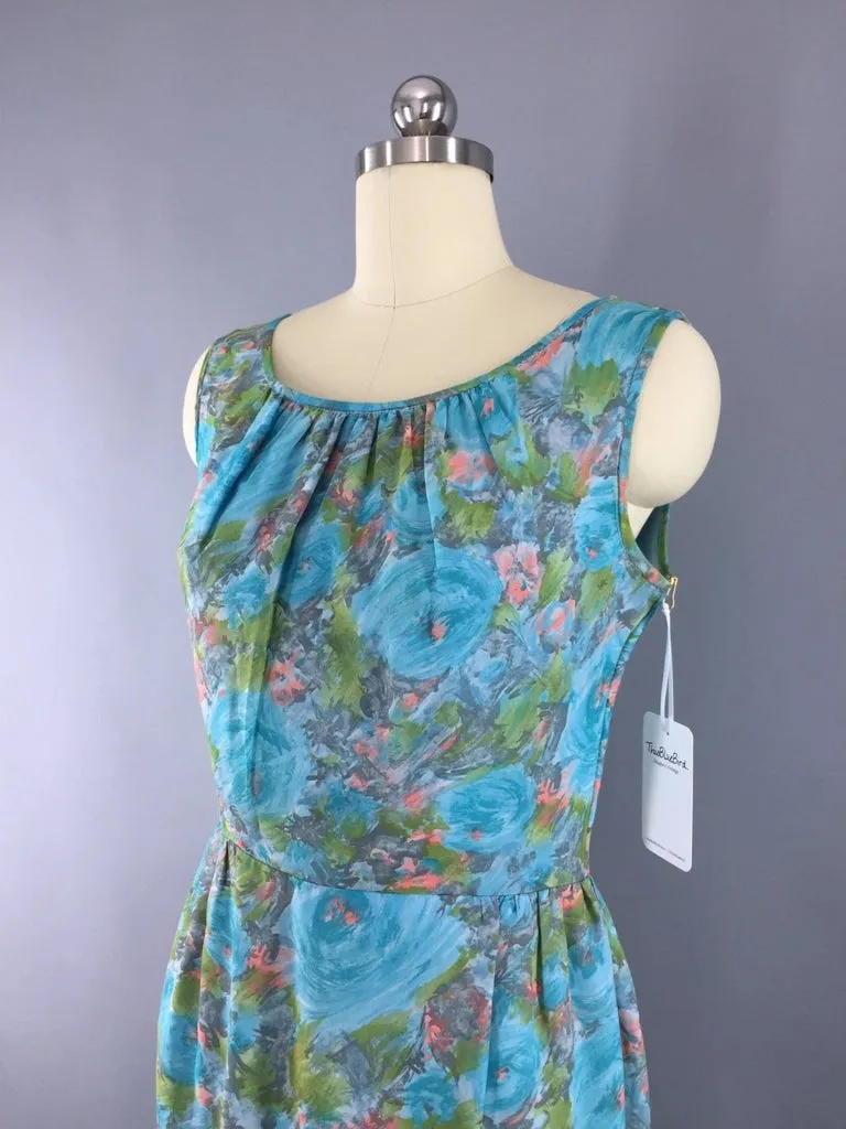 1960s Vintage Aqua Blue Chiffon Dress