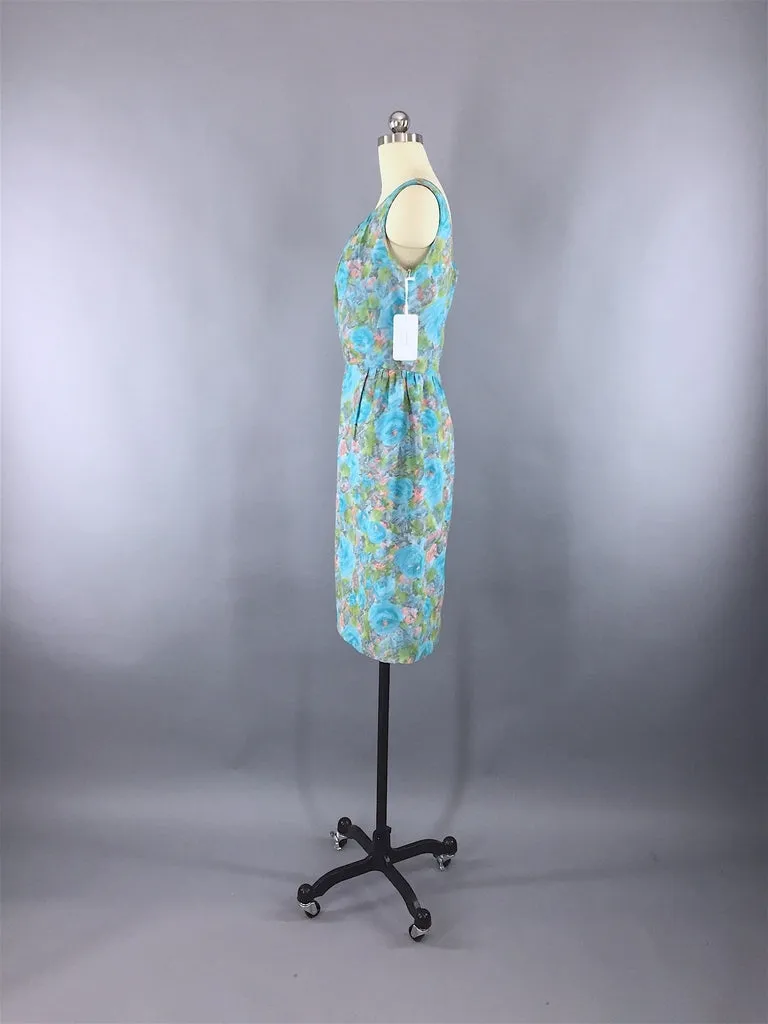 1960s Vintage Aqua Blue Chiffon Dress