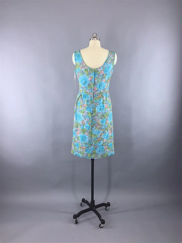 1960s Vintage Aqua Blue Chiffon Dress