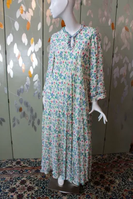 1970s Floral Print Silk Bell Sleeve Maxi Dress by Leron, Medium