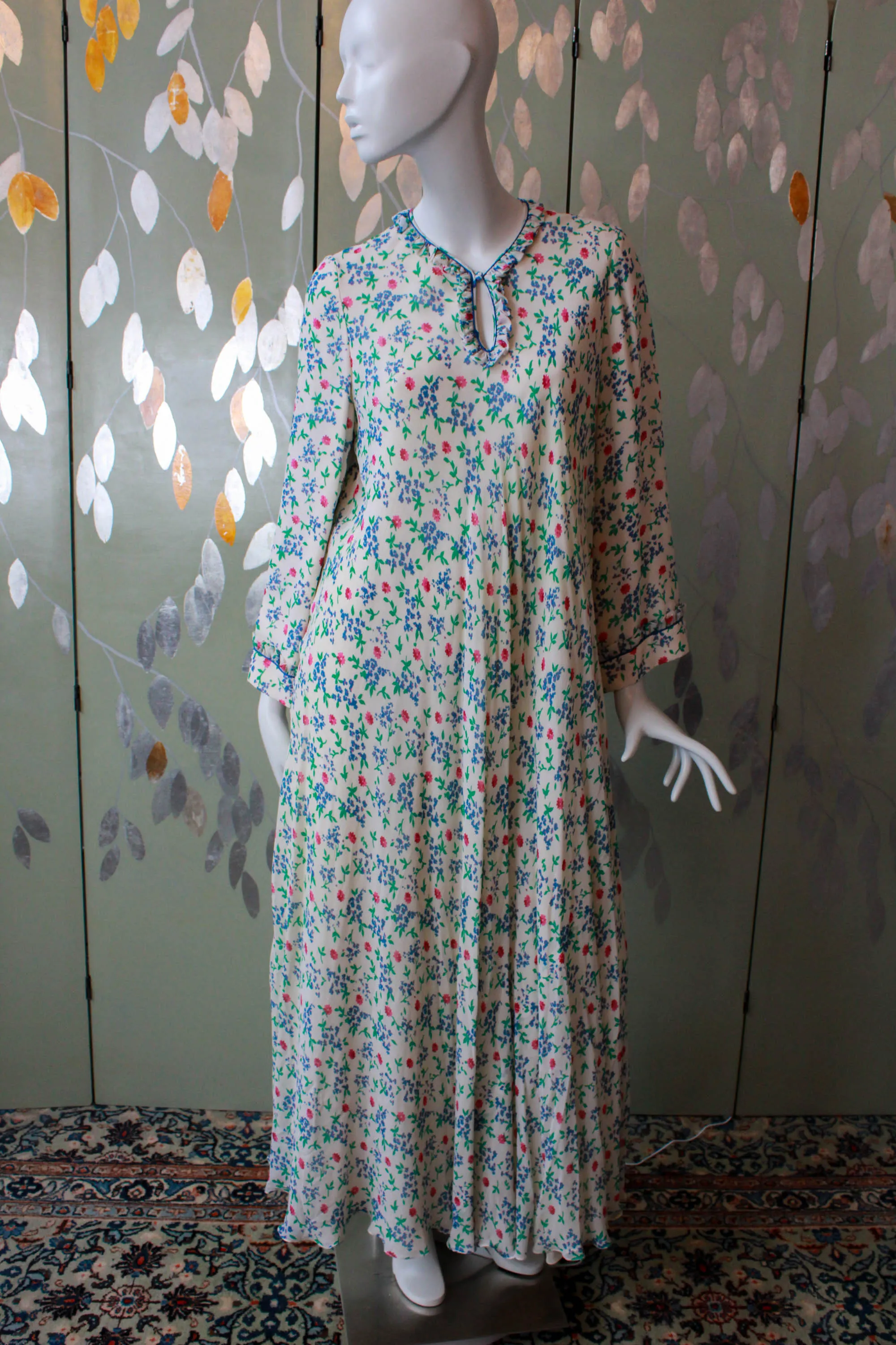 1970s Floral Print Silk Bell Sleeve Maxi Dress by Leron, Medium