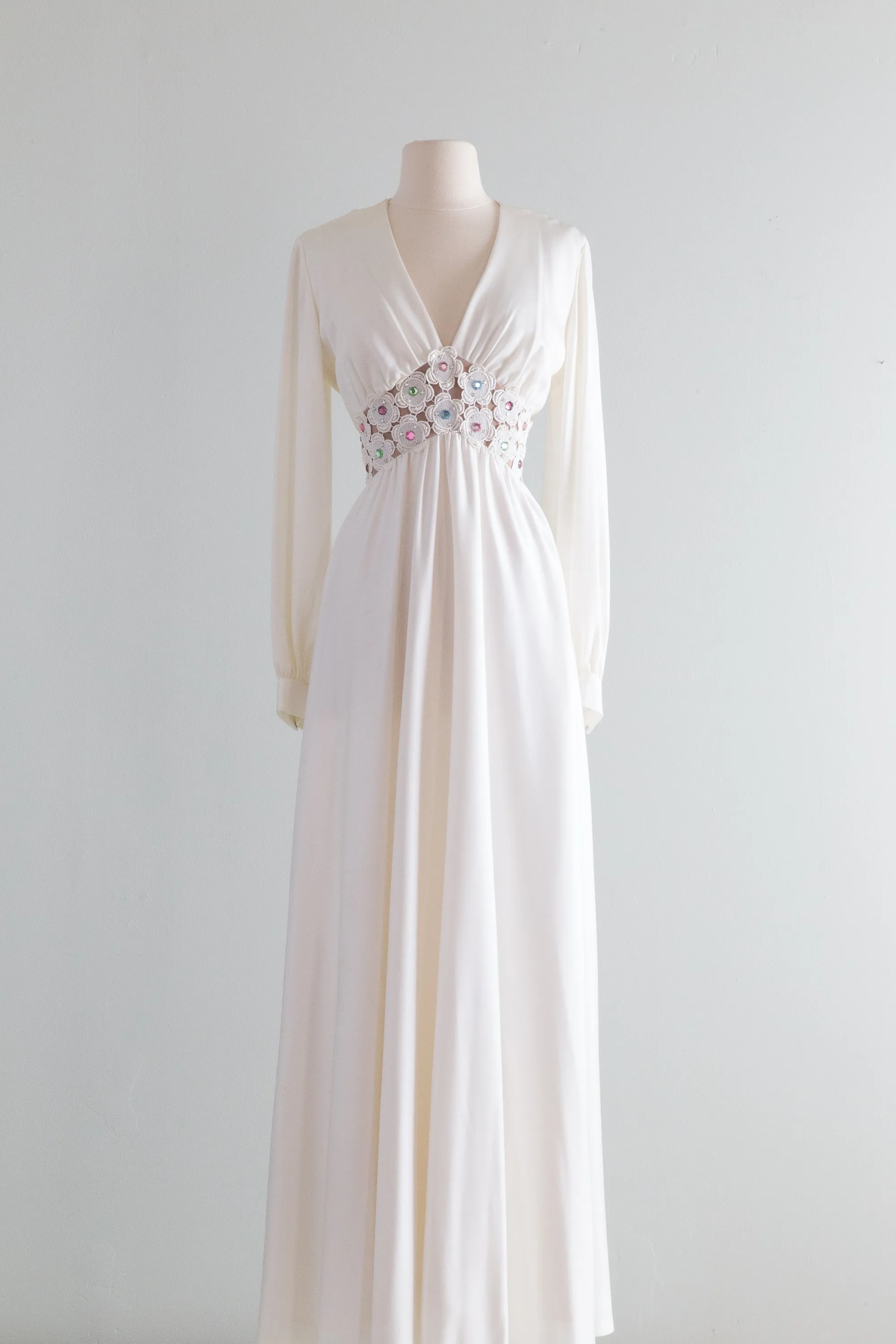 1970's White Maxi Dress With Floral Illusion Waist and Rhinestones / Medium