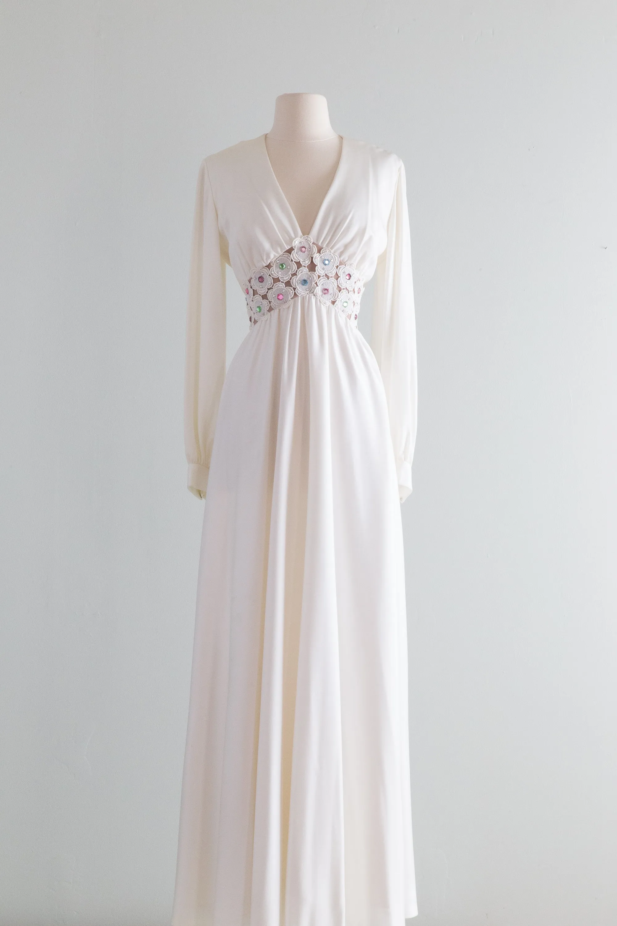 1970's White Maxi Dress With Floral Illusion Waist and Rhinestones / Medium