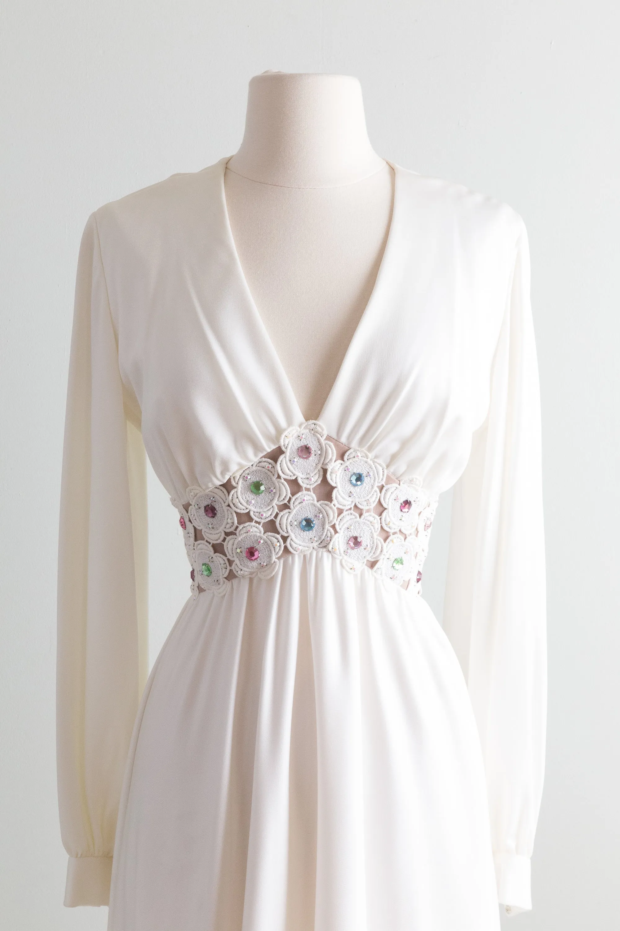 1970's White Maxi Dress With Floral Illusion Waist and Rhinestones / Medium