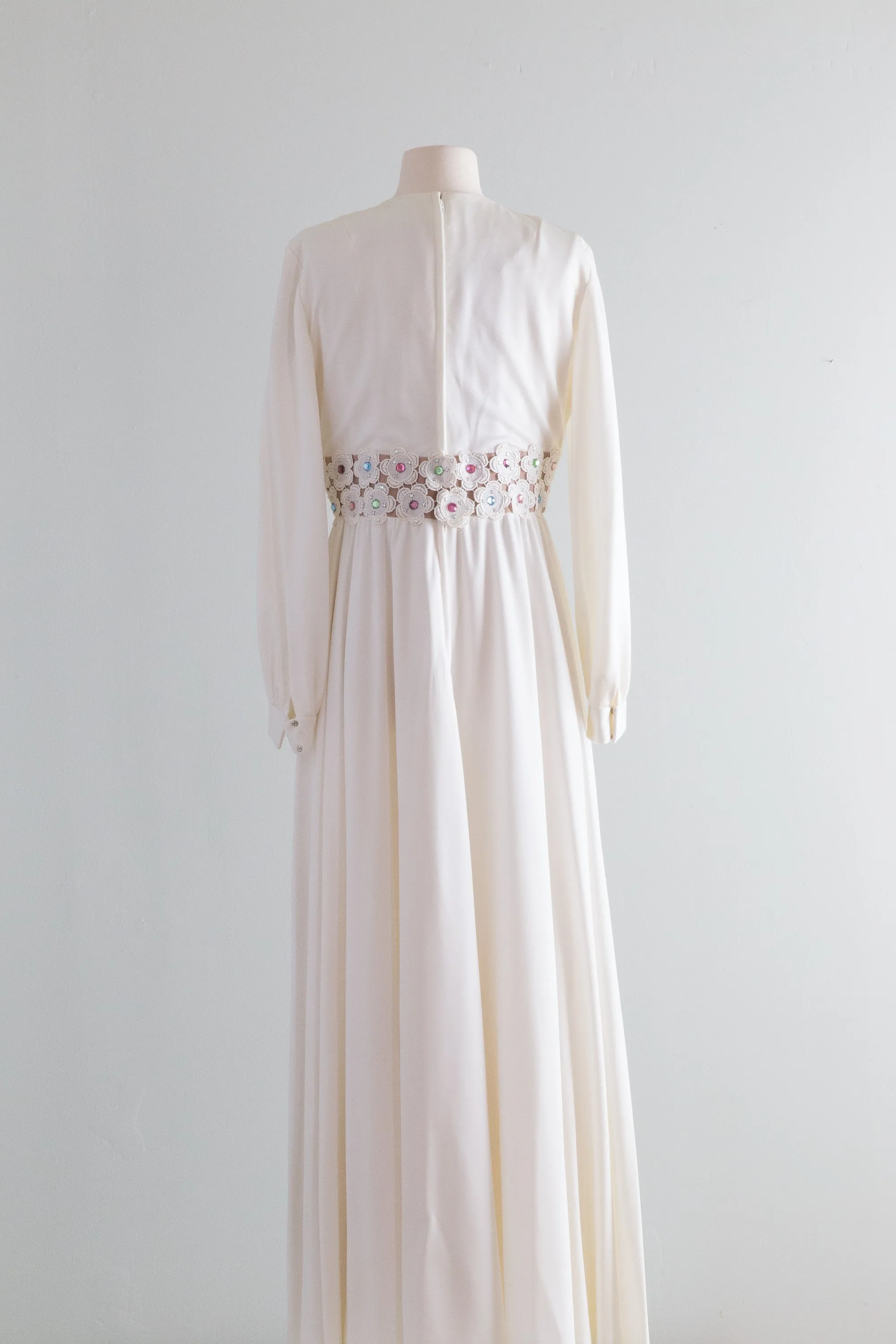 1970's White Maxi Dress With Floral Illusion Waist and Rhinestones / Medium