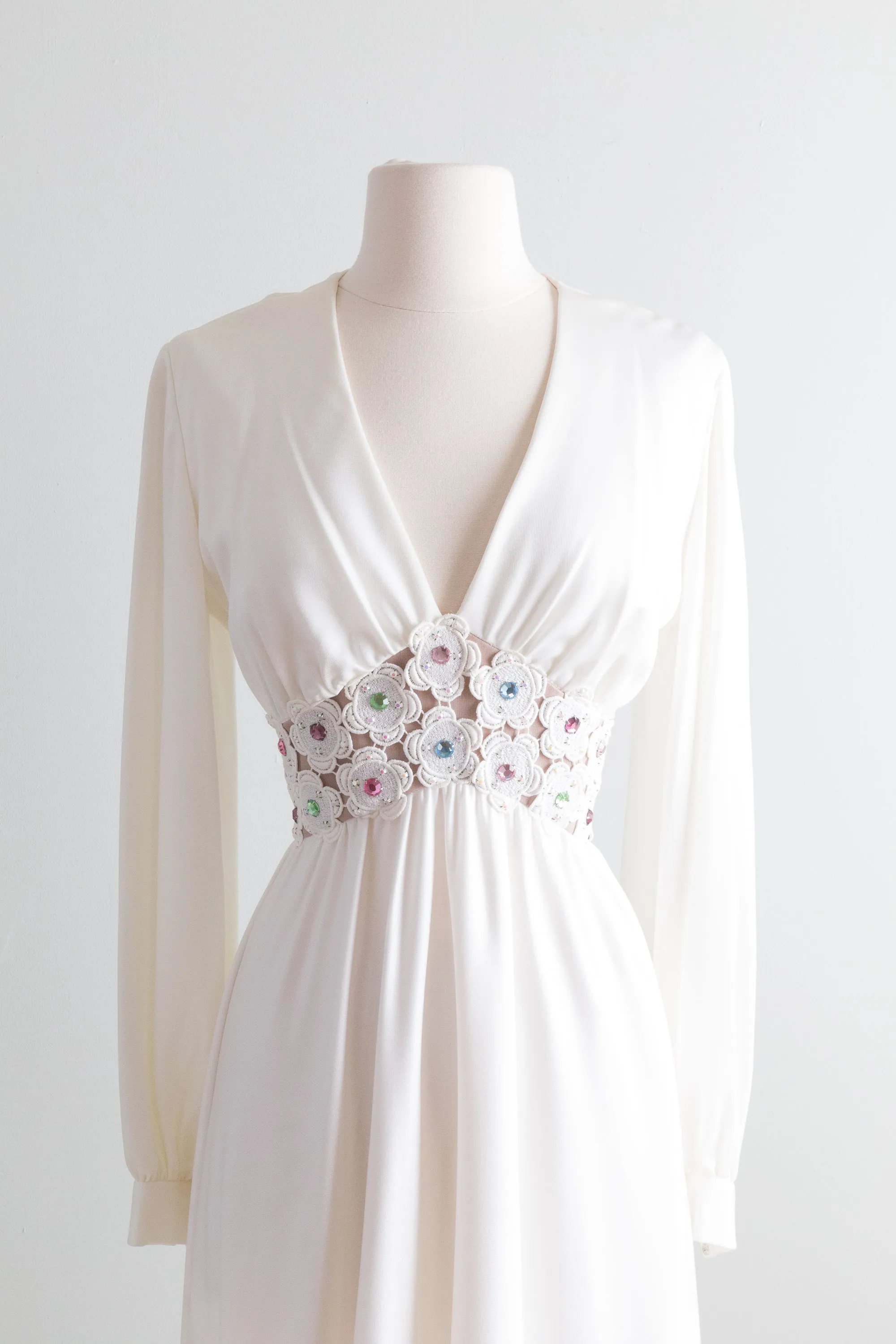 1970's White Maxi Dress With Floral Illusion Waist and Rhinestones / Medium