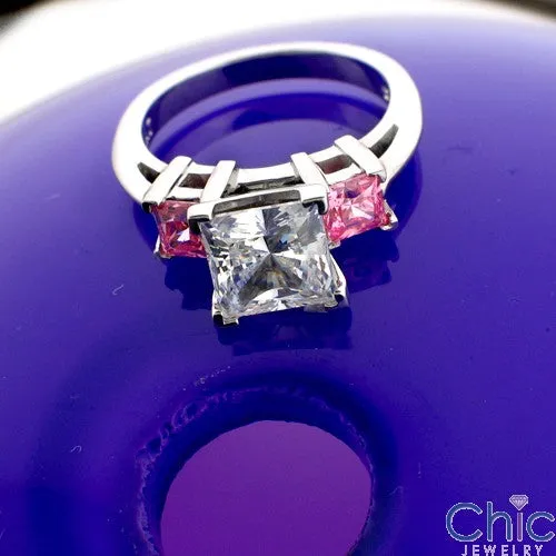 3 Stone Princess 2 Ct Pink Princess Cubic Zirconia  14K White Gold Ring