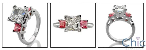 3 Stone Princess 2 Ct Pink Princess Cubic Zirconia  14K White Gold Ring