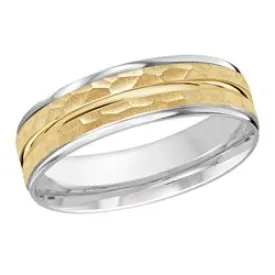 7MM White/Yellow Gold Carved Hammered Wedding Band