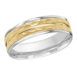 7MM White/Yellow Gold Carved Hammered Wedding Band