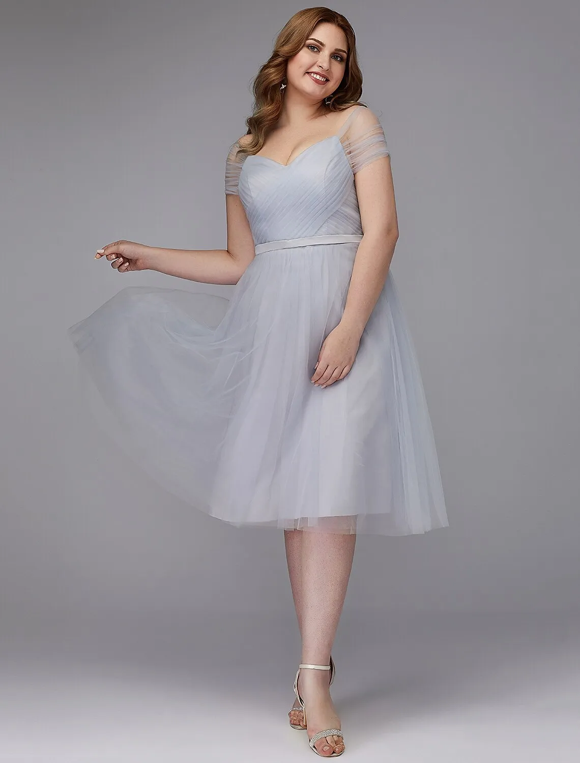 A-Line Elegant Dress Wedding Guest Tea Length Short Sleeve Off Shoulder Tulle with Sash / Ribbon Criss Cross