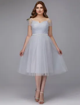 A-Line Elegant Dress Wedding Guest Tea Length Short Sleeve Off Shoulder Tulle with Sash / Ribbon Criss Cross