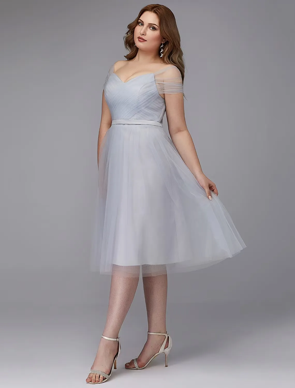 A-Line Elegant Dress Wedding Guest Tea Length Short Sleeve Off Shoulder Tulle with Sash / Ribbon Criss Cross