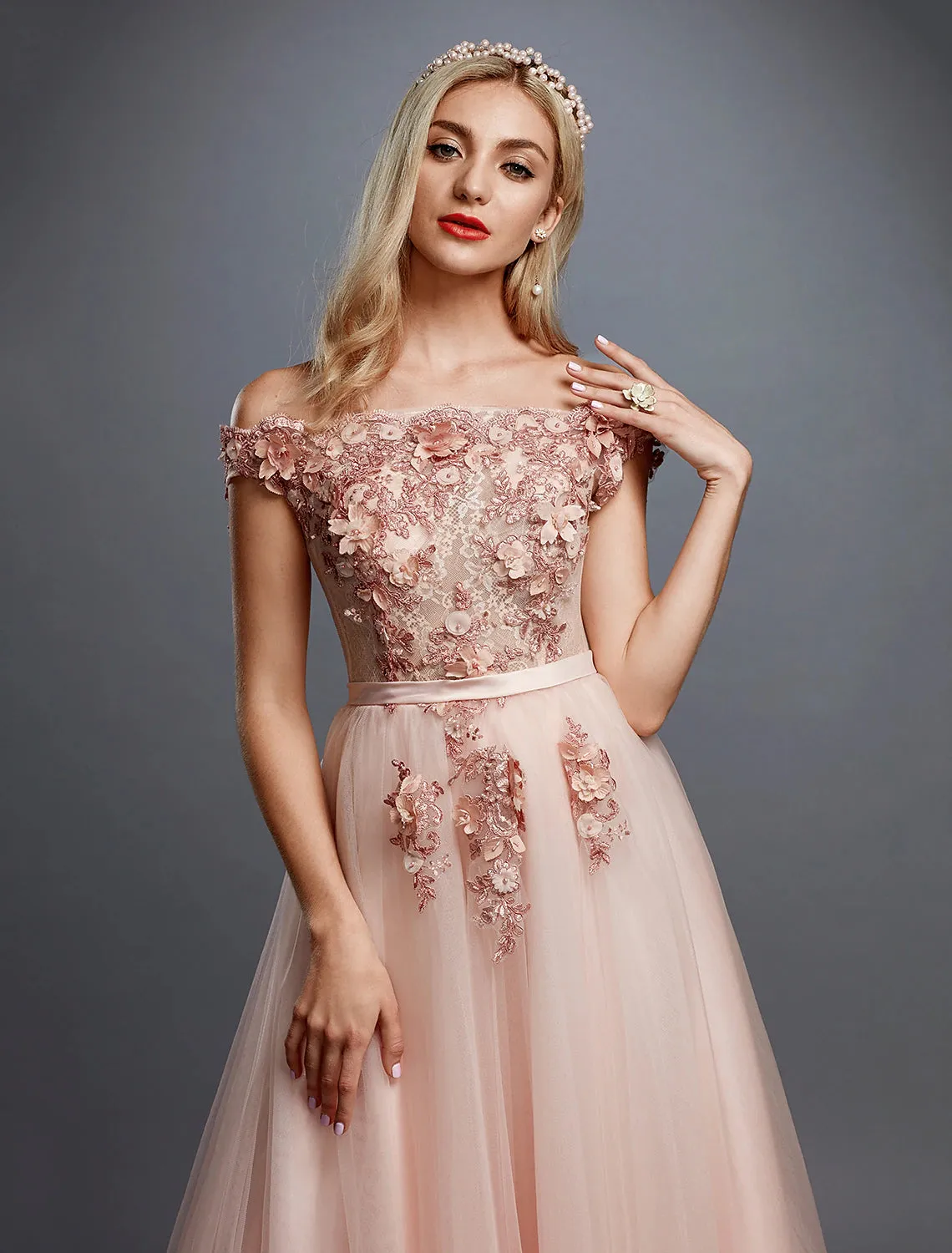 A-Line Floral Dress Wedding Guest Prom Sweep / Brush Train Sleeveless Off Shoulder Tulle Over Lace with Appliques