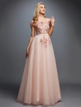 A-Line Floral Dress Wedding Guest Prom Sweep / Brush Train Sleeveless Off Shoulder Tulle Over Lace with Appliques