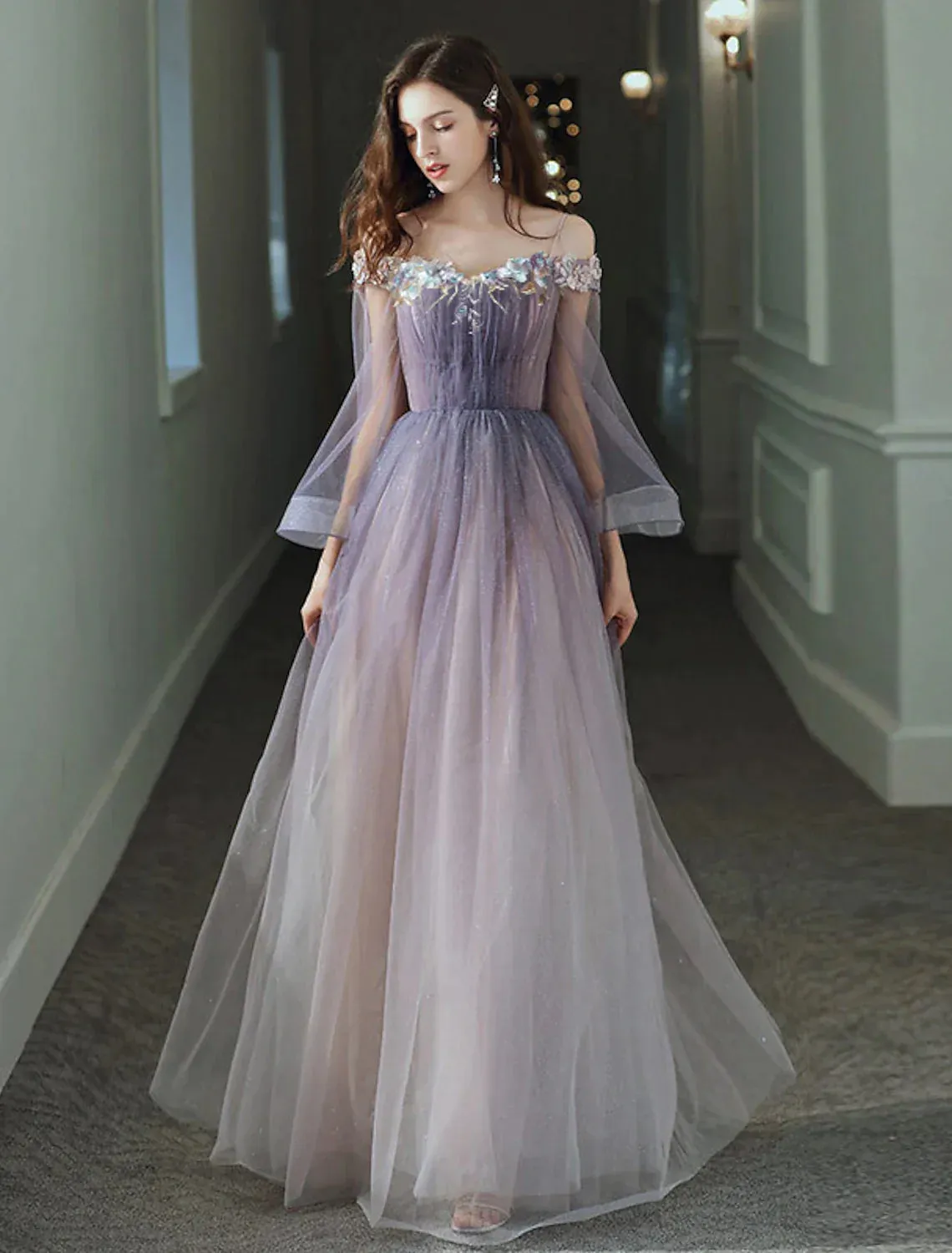 A-Line Minimalist Elegant Party Wear Prom Dress Off Shoulder Long Sleeve Floor Length Tulle with Appliques