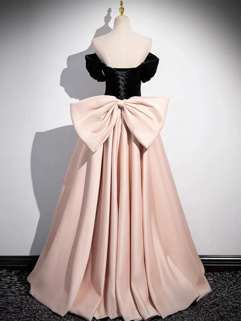 A-Line Off Shoulder Satin Champagne Long Prom Dress, Champagne Long Evening Dress