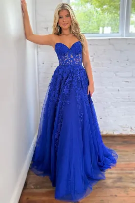 A-Line Princess Sweetheart Long Tulle Royal Blue Prom Dress With Appliques