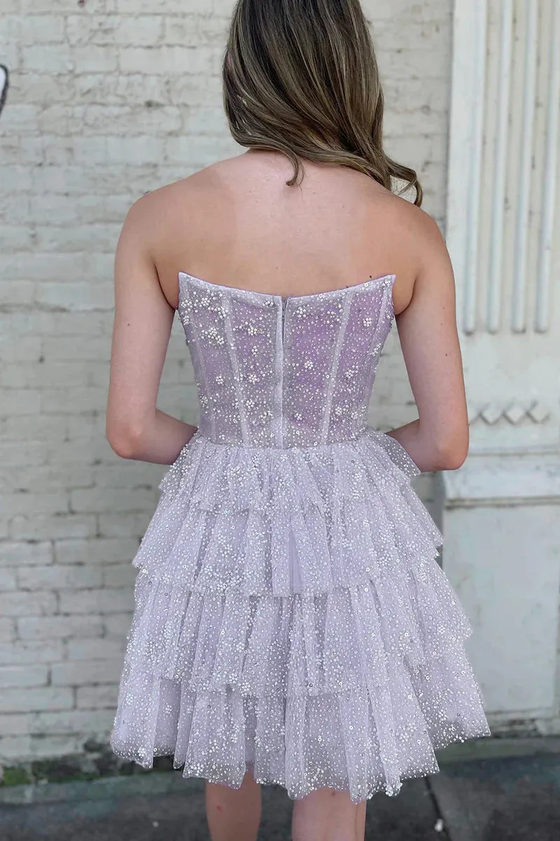 A Line Strapless Tiered Sparkling Homecoming Dress