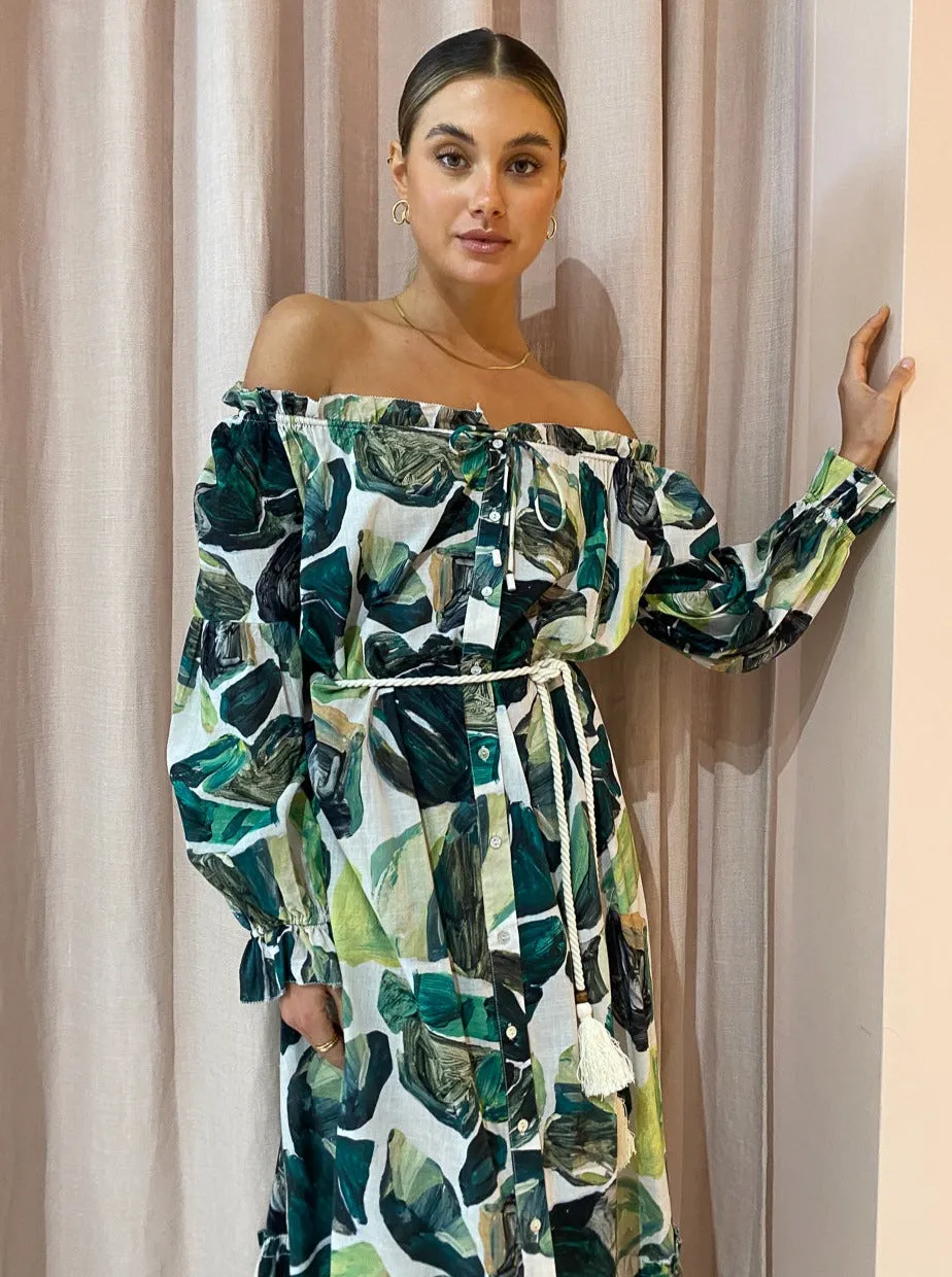 Alemais Siena Off Shoulder Shirt Dress in Green