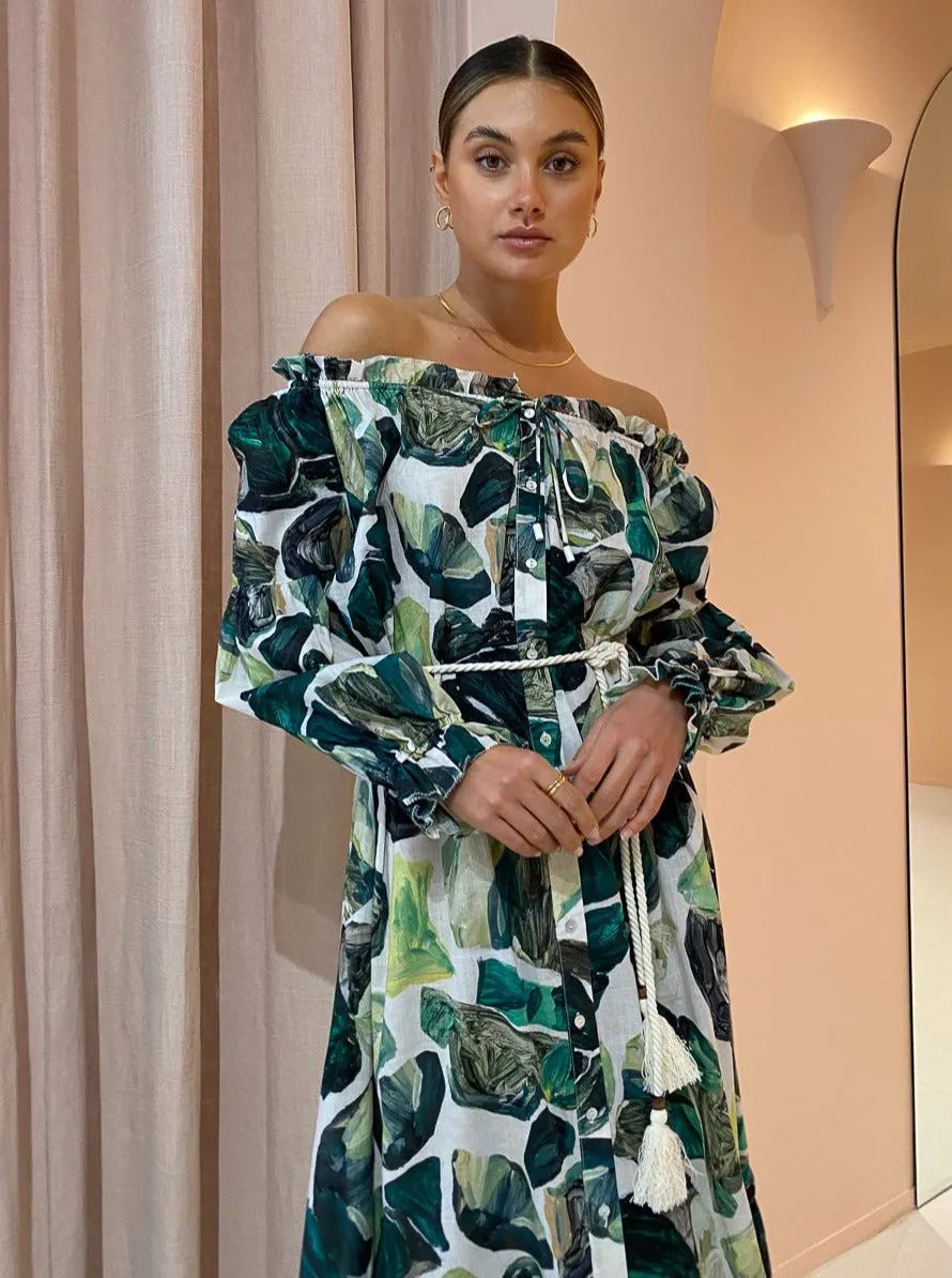 Alemais Siena Off Shoulder Shirt Dress in Green