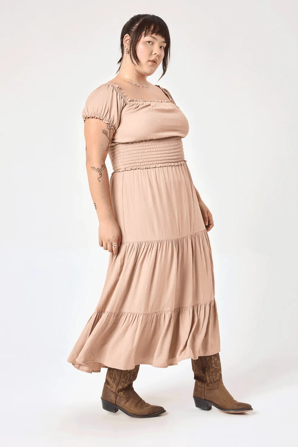 Almond Smocked Midi Dress