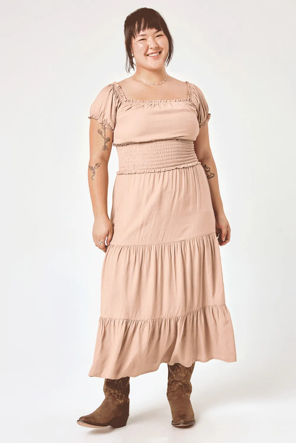 Almond Smocked Midi Dress