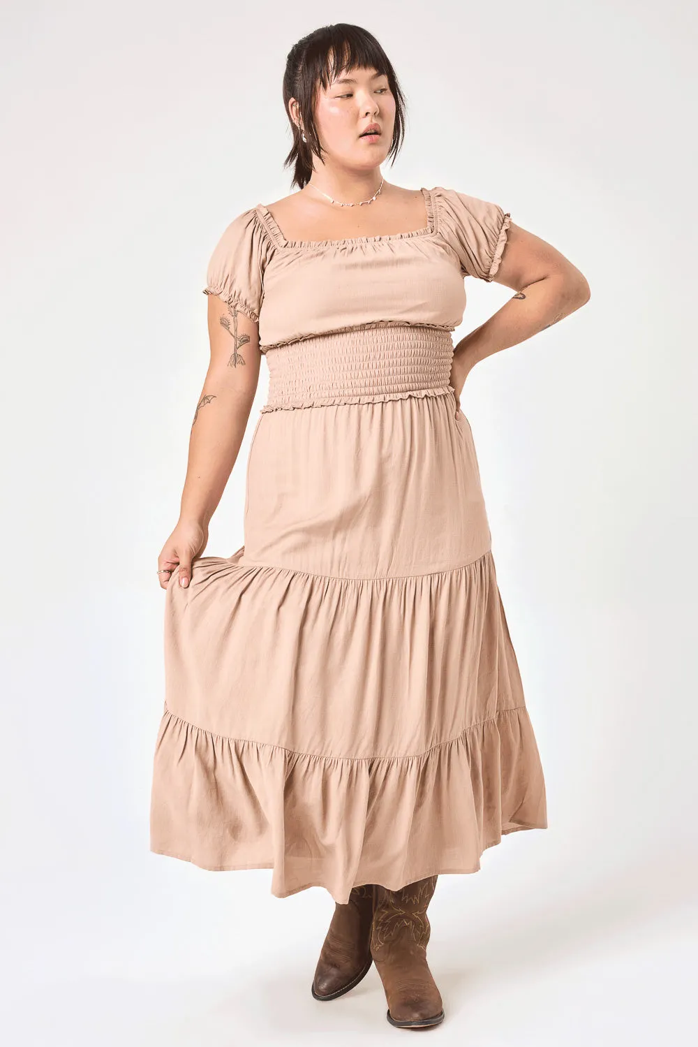 Almond Smocked Midi Dress