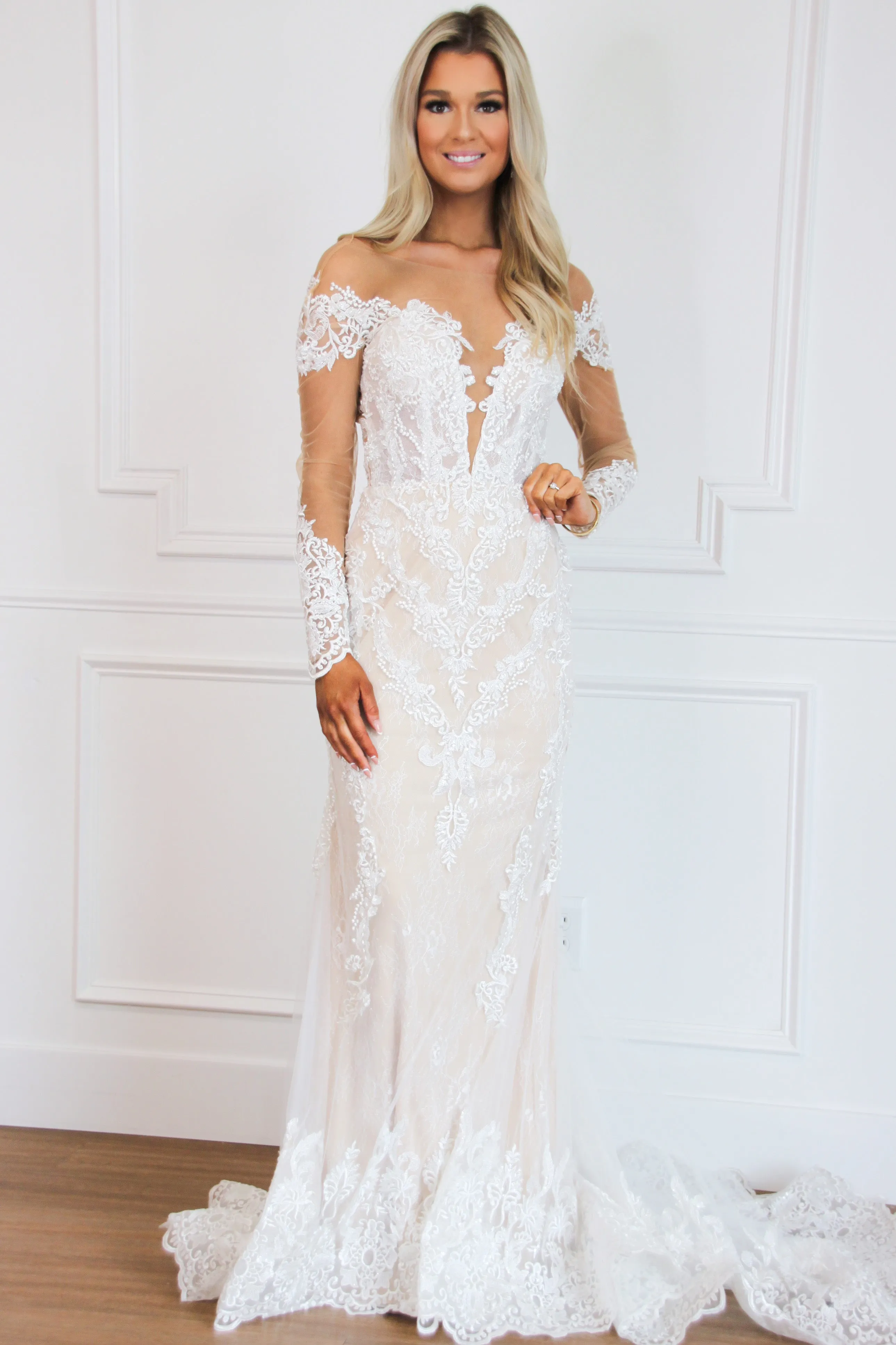 Alyce Bohemian Nude Illusion Lace Long Sleeve Wedding Dress: Ivory/Champagne