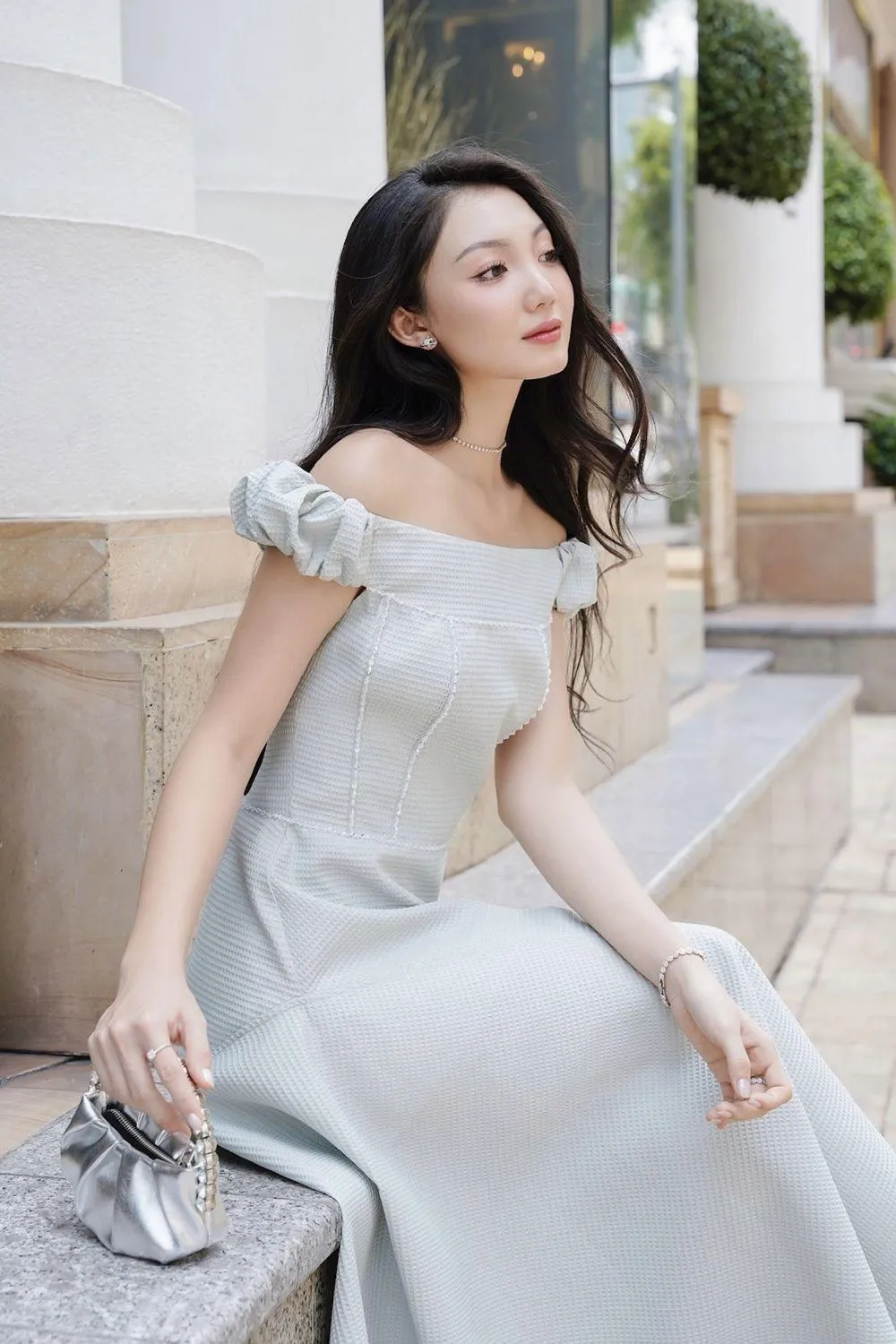 Angel Fit and Flare Off-Shoulder Foam Synthetic Midi Dress